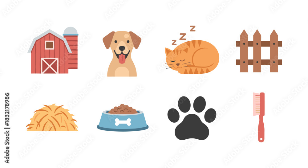 Fototapeta premium Farm animal and pet icons set featuring barn, dog, cat, and accessories