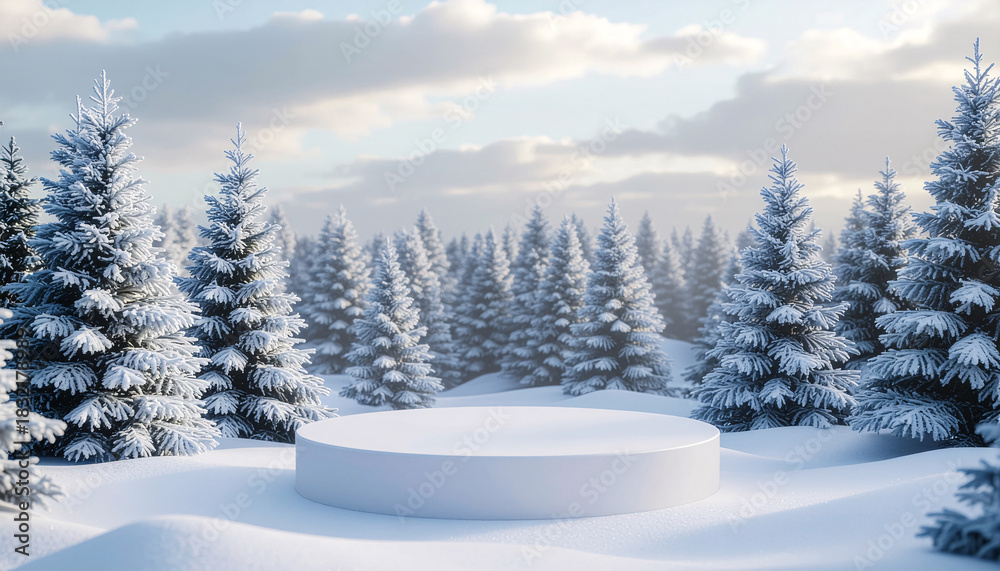 Obraz premium Minimal winter background with a white podium surrounded by snow-covered pine trees, soft daylight, and clean natural scenery. Perfect for Christmas product display or holiday design.