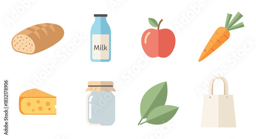 Variety of grocery items in flat design featuring fresh produce and dairy products