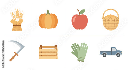 Harvest icons set: farm produce, agricultural tools, and market concepts