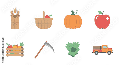 Autumn harvest icons: basket, pumpkins, fruits, farm tools, tractor in flat style