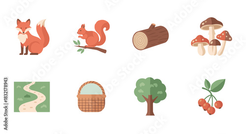 Charming woodland collection: fox, squirrel, mushrooms, and more in flat design