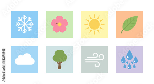 Minimalist seasonal icons set reflecting four seasons and weather elements in flat design