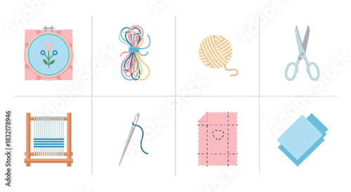 Colorful crafting tools: embroidery hoop, yarn, scissors, needlework, and more
