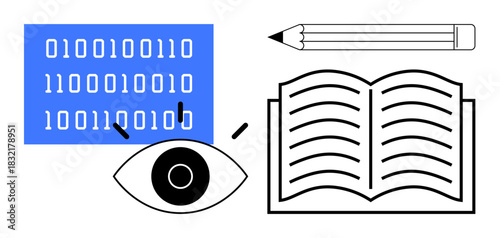 Binary data, an eye, a book, and a pencil symbolize learning, knowledge, coding, and digital analysis. Ideal for education, technology data innovation reading creativity simple flat metaphor