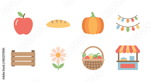 Autumn icons: harvest produce and market stand in flat design for seasonal decor