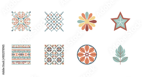 Colorful geometric and floral patterns set on white background