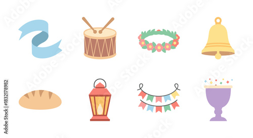Festive elements collection: drums, lanterns and celebration icons