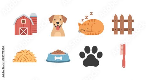 Farm animal and pet icons set featuring barn, dog, cat, and accessories