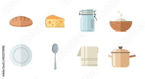 Flat kitchen essentials: bread, cheese, jars, and utensils