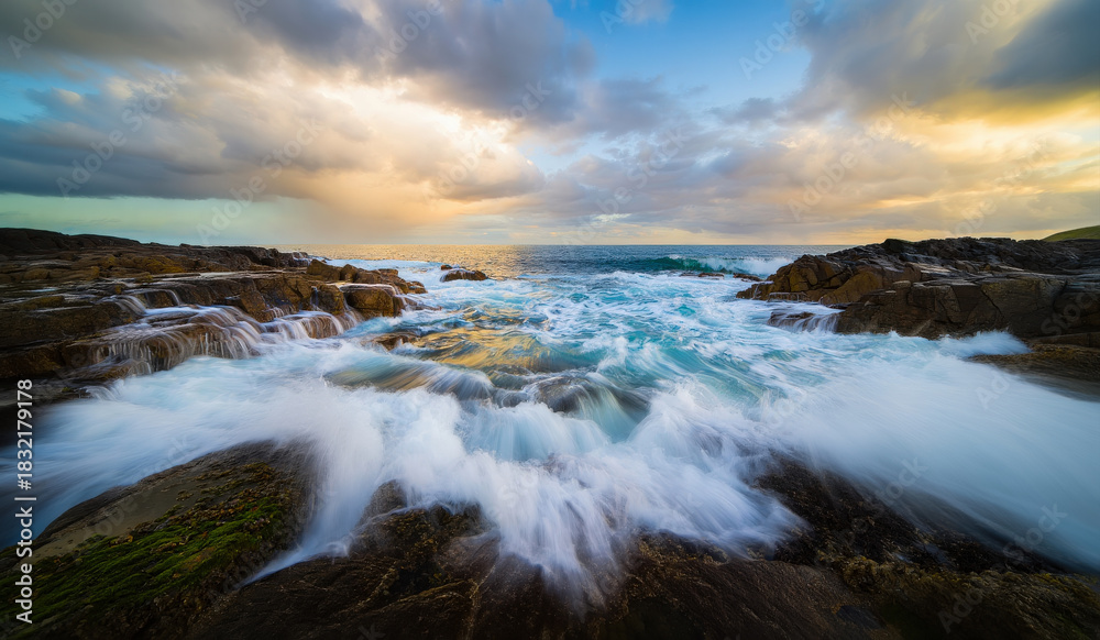 Fototapeta premium A rocky coastal seascape with churning waves crashing onto tiered rock formations. Dynamic motion of the turbulent turquoise water under a dramatic evening sky