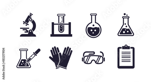 Science lab icon set: microscope, beakers, safety equipment, and clipboard