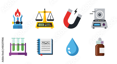 Colorful science and laboratory equipment icons set for educational use