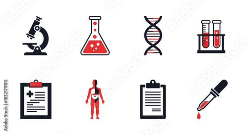 Scientific icons set: microscope, dna, test tubes, medical clipboards, anatomical figure