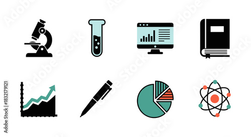 Science and education icons: research, data, and analysis symbols