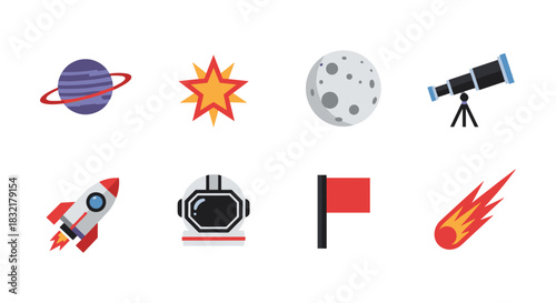 Space exploration icons set: rocket, astronaut, telescope, planets, and more