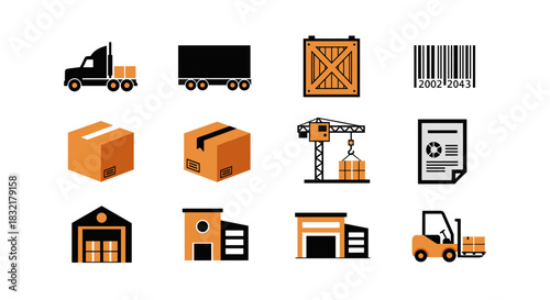 Logistics and shipping icons featuring minimalist trucks, packages, and warehouses