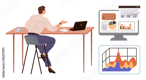 Man seated at desk analyzing financial and performance charts displayed on a monitor. Ideal for business strategy, data analysis, technology, teamwork, productivity, planning, modern workplaces