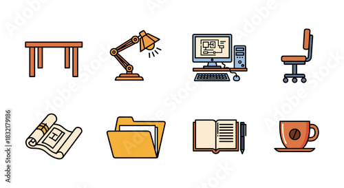 Modern office icons: desk, lamp, computer, chair, blueprints, folder, notebook, coffee cup