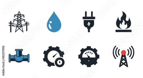 Utility and energy services icons set featuring water, power, and communications