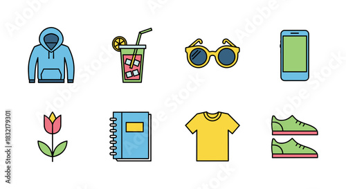 Colorful outline icons of fashion, technology, and lifestyle essentials