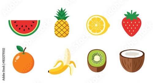 Colorful fruit icons featuring watermelon, pineapple, lemon, strawberry, orange, banana, kiwi, and coconut