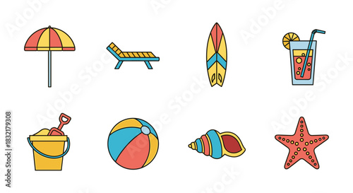 Summer beach essentials: flat icons of umbrella, surfboard, and more