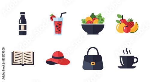Flat style icons of food, drink, accessories, and objects for modern design