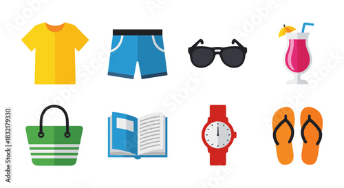 Summer essentials: relaxation and fashion elements featuring casual attire, beach accessories, and refreshing drink