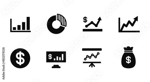 Minimalist business growth icons set: charts, analytics, financial symbols