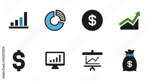 Financial growth icons: dollar symbol, chart trends, and analytics design
