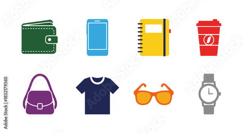 Colorful flat icons of everyday essentials including wallet, smartphone, and coffee cup