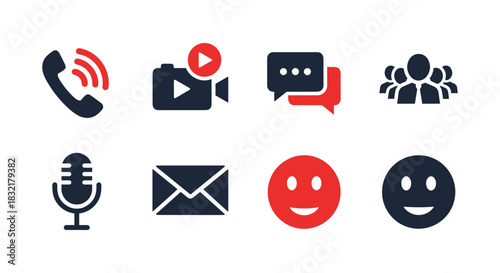 Modern communication icons set: call, video, chat, users, mic, mail, emoji