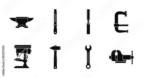 Silhouette icons of essential metal workshop tools on white background
