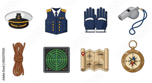 Nautical symbols collection: marine equipment and accessories for sea navigation