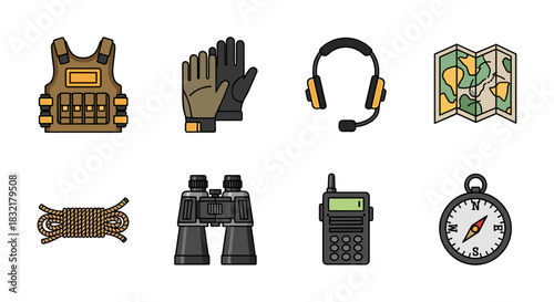 Outdoor adventure gear icons set for hiking and exploration