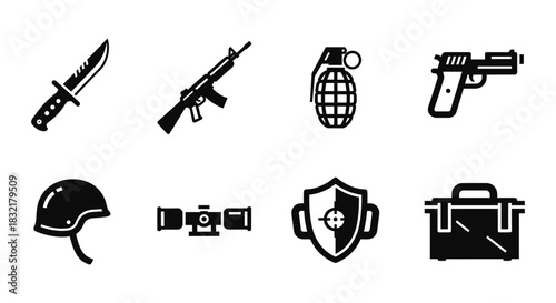 Flat black icons of military equipment and weapons collection