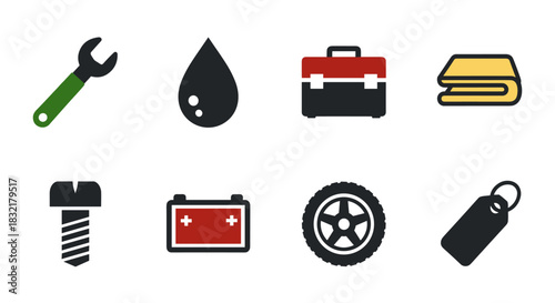 Automotive tools and maintenance icons in flat style