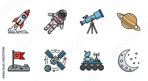 Space exploration icons: rockets, astronaut, telescope, satellite, and more