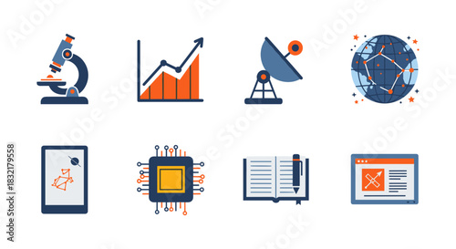 Technology icons set: science, data, global connectivity, and digital tools in flat design