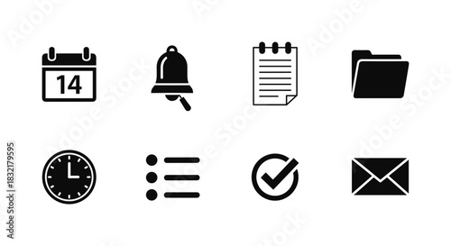 Minimalist icon set: calendar, bell, folder, clock, list, checklist, and email designs