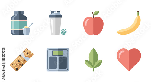 Healthy living icons set: nutrition, fitness, and wellness symbols in flat style