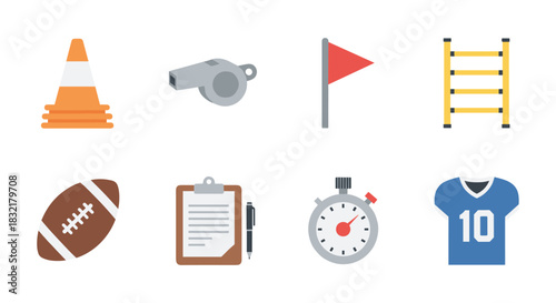 Essential flat icons for american football and sports coaching tools