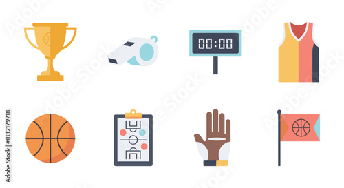 Flat style basketball elements set: trophy, whistle, jersey, ball, and more