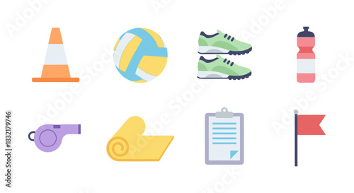 Colorful sports equipment icons: fitness, volleyball, running, and more