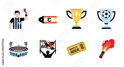 Soccer match icons with referee, trophy, stadium, and fan elements