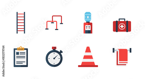 Essential flat style fitness and safety icons in bold colors