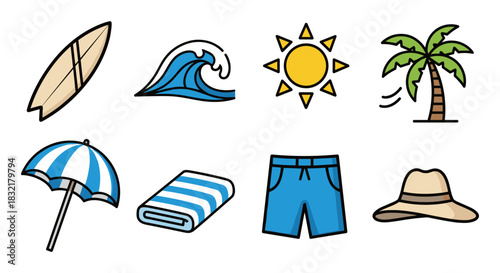Colorful summer beach icons featuring surfboard, sun, palm tree, and more
