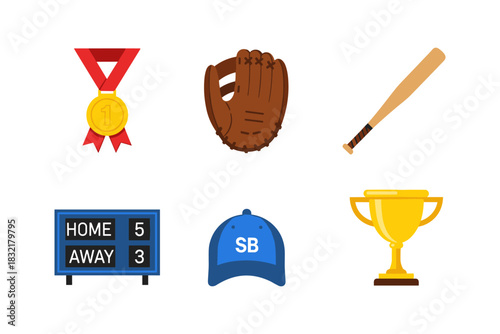 Baseball icons: glove, medal, bat, scoreboard, cap, and trophy in flat style