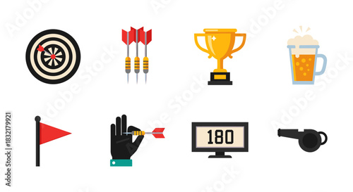 Dart game elements collection featuring targets, trophies, and scoreboard in flat design